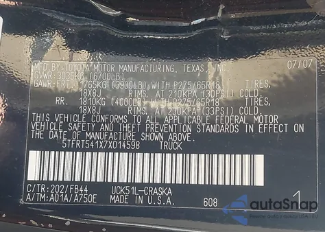 2007 Toyota Tundra Sr5 4.7L V8 z USA, uszkodzony, nr VIN 5TFRT541X7X014598